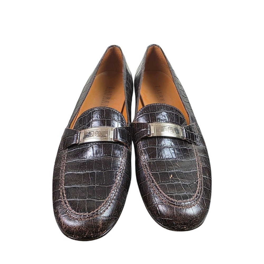 Lauren Ralph Lauren Loafers Womens 7.5 AA Brown Good Croc Embossed RL Logo Bar - Picture 5 of 11
